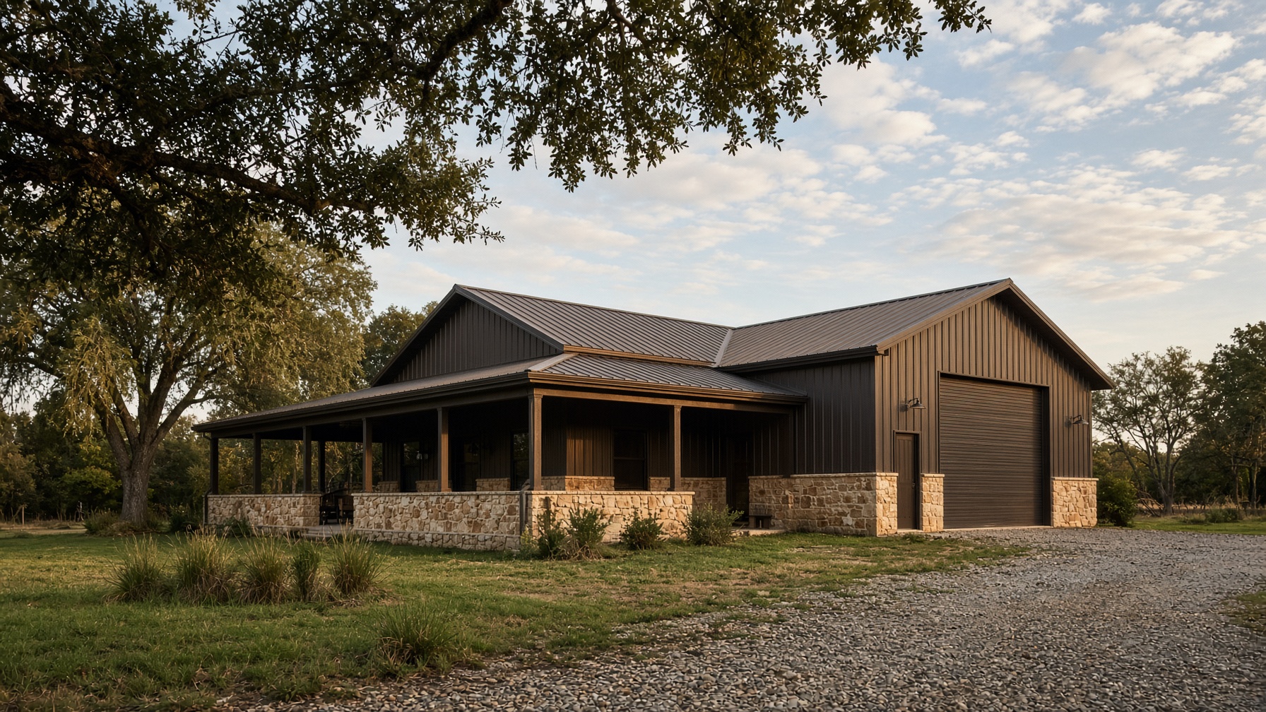 Dark bronze North Texas barndominium with limestone wainscot, porch, and a shop bay