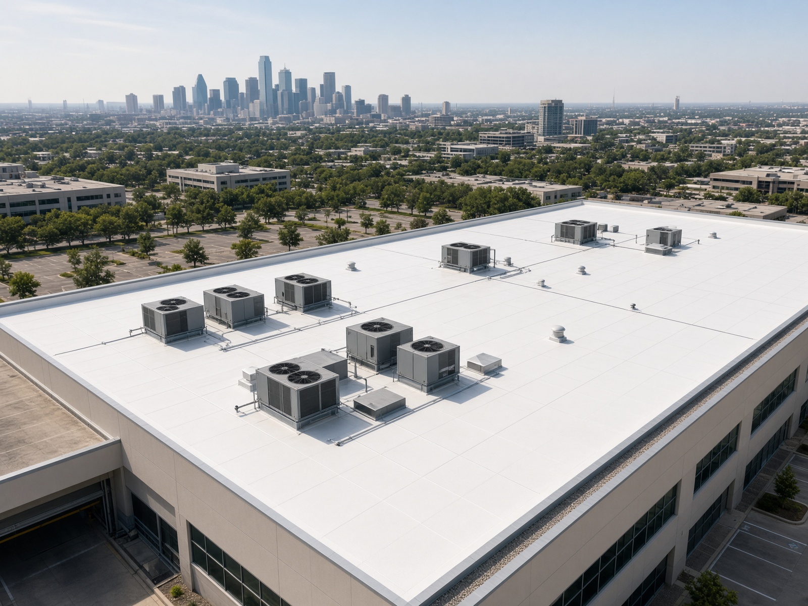 White TPO commercial roof on a low-slope Dallas building with HVAC units