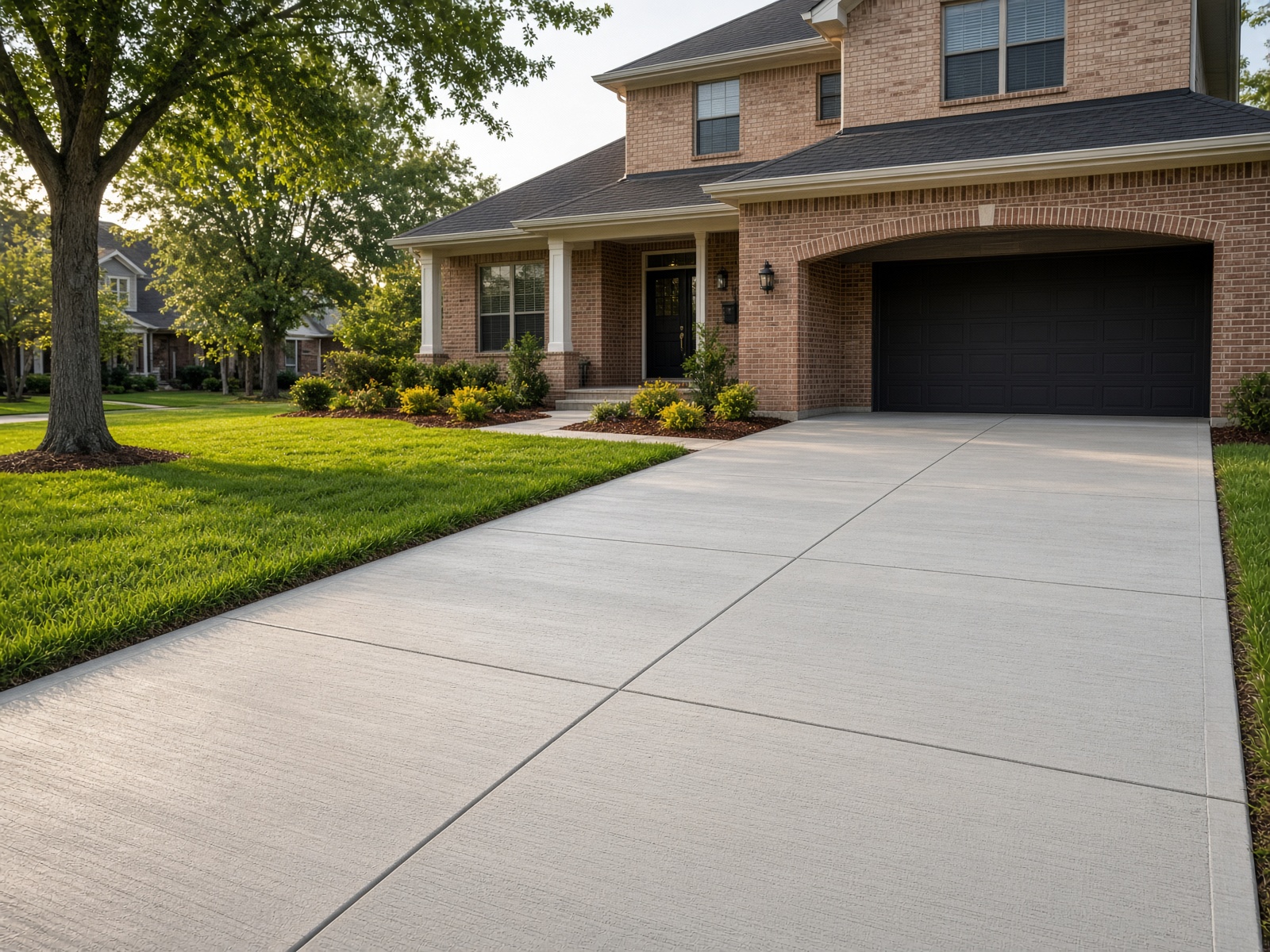 Fresh broom-finished concrete driveway with clean control joints at a brick North Texas home