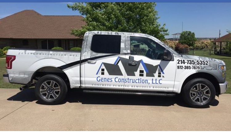 Roofing inspection truck | Genes Construction Frisco Genes Construction LLC roofing pickup with house-and-roof logo, used for residential roof inspections in Collin County