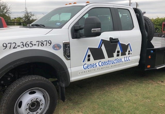 Roofing and remodel flatbed | Genes Construction Genes Construction flatbed truck lettered for roofing, concrete pumping, and remodels serving Dallas–Fort Worth