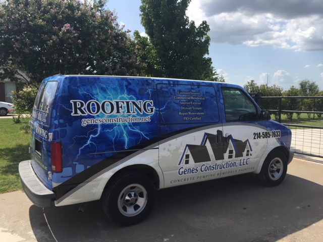 Roofing van — storm and shingle work | Genes Construction Genes Construction roofing van wrapped for residential and commercial roofing, storm repair, and IKO certified work in Texas