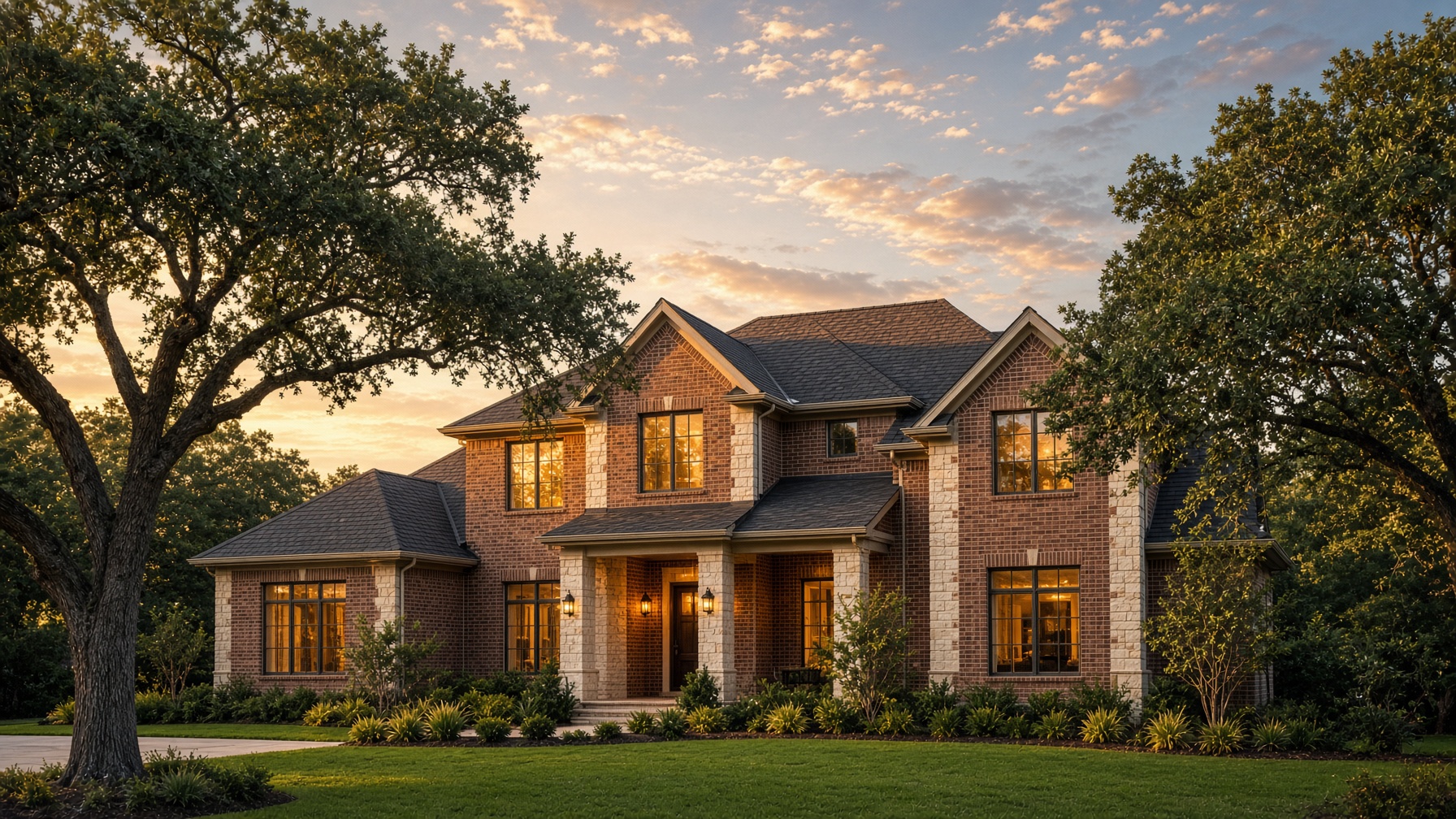 Brick Frisco home with a new architectural shingle roof at dusk