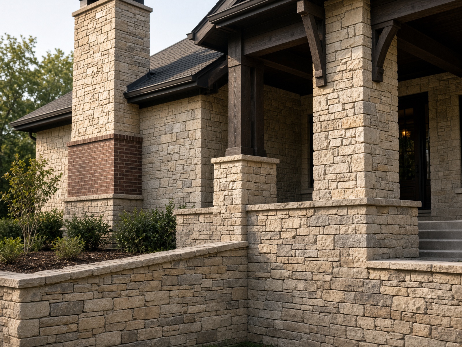 Texas limestone veneer and stacked stone at a North Texas craftsman porch and chimney