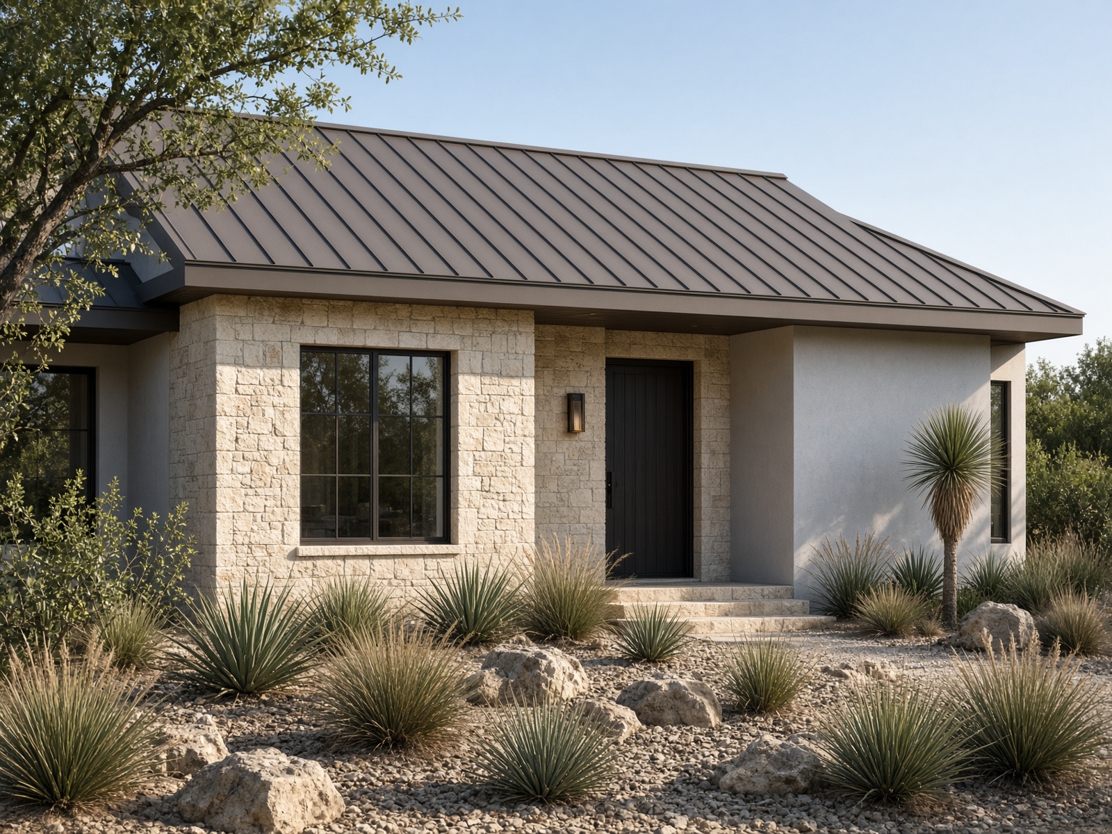 Standing-seam metal roof in dark bronze on a modern Texas limestone home