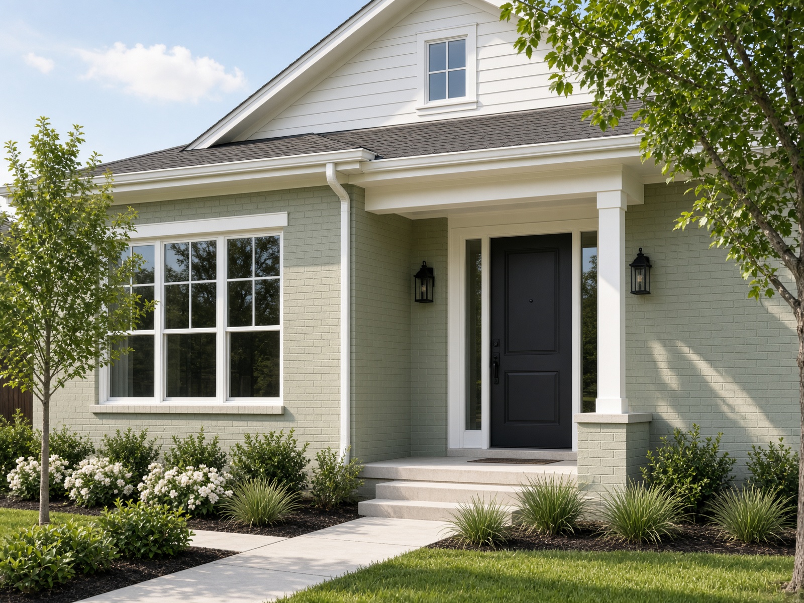 Freshly painted Texas home with sage siding, white trim, and a black front door