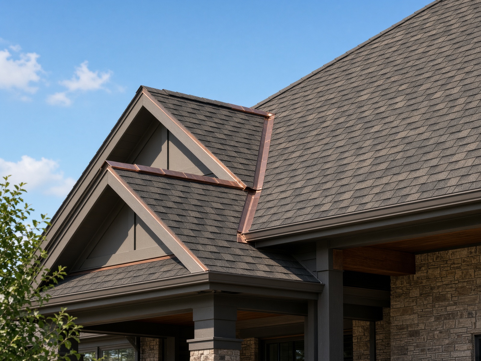 Newly installed architectural asphalt shingle roof on a Texas craftsman house