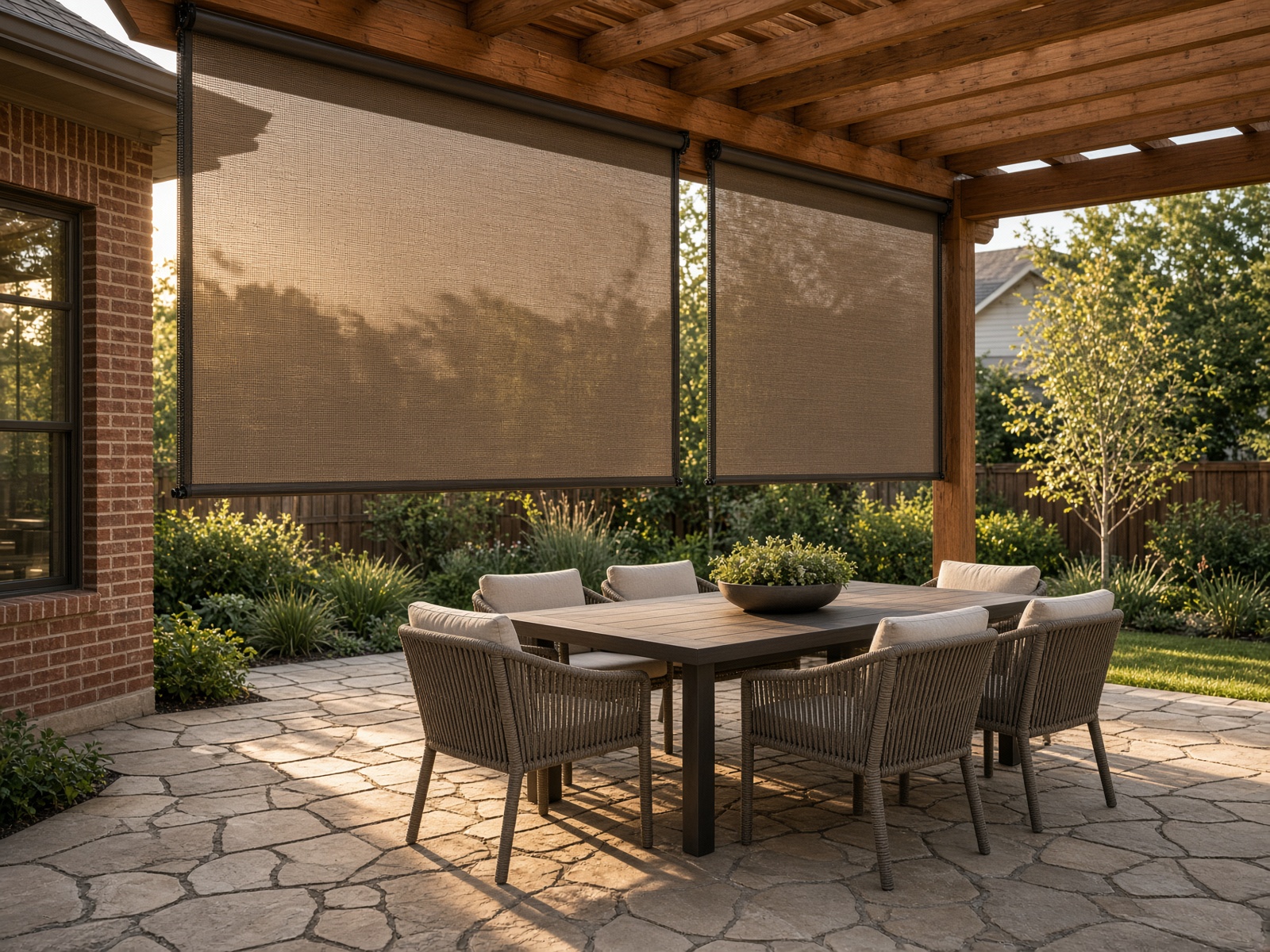 Bronze solar-screen outdoor roller shades on a cedar pergola over a North Texas patio